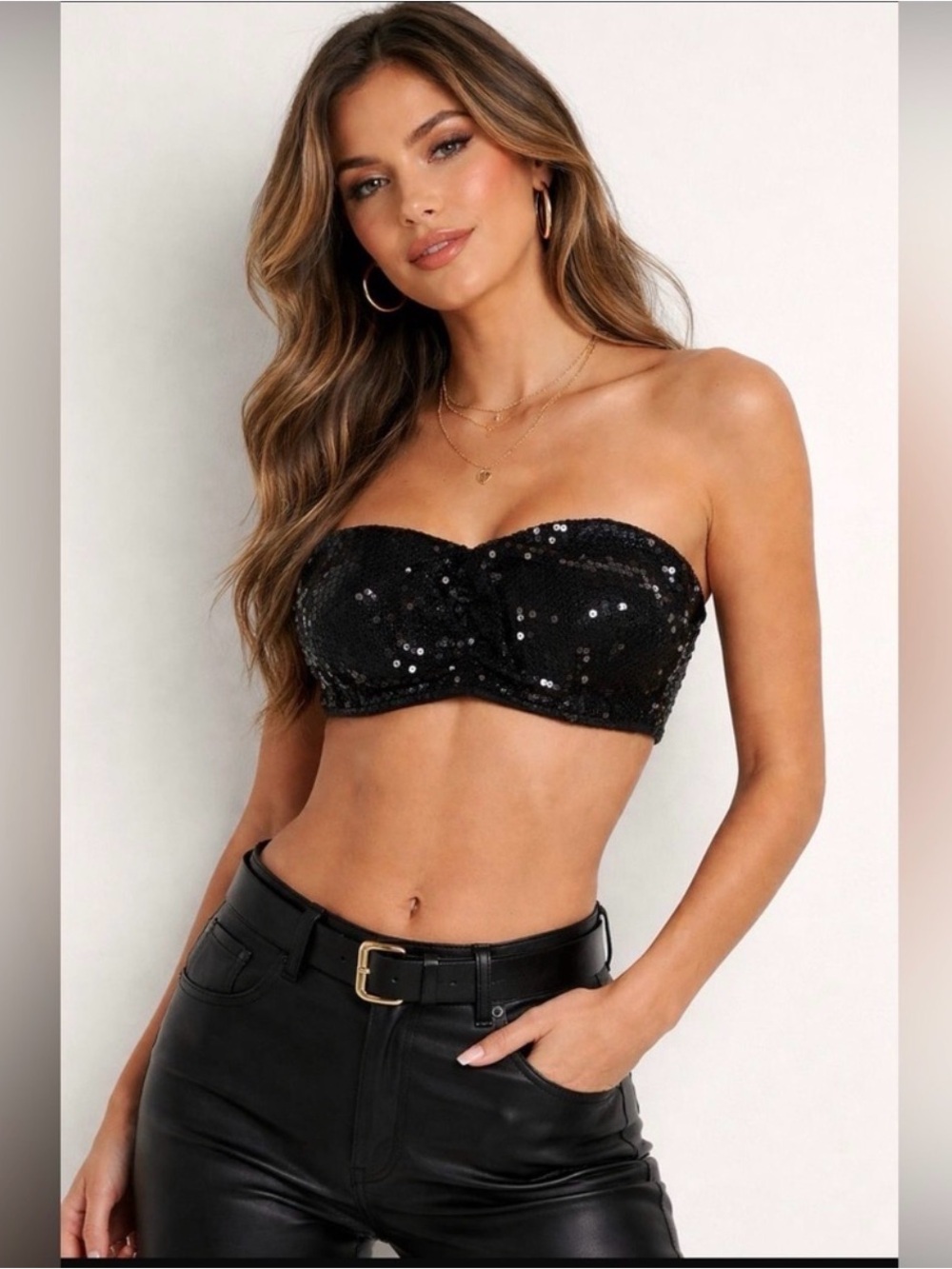 Sequin Strapless Bandeau Top - Black